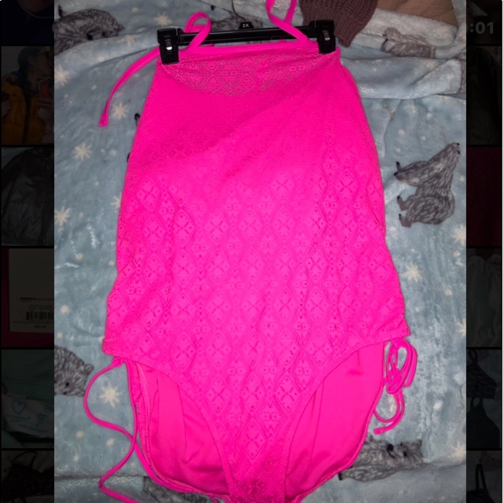 bright pink one piece bathing suit